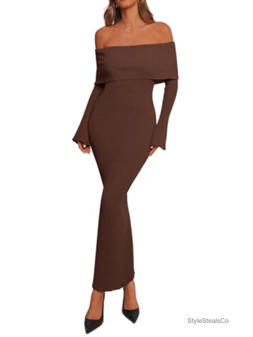 Off Shoulder Bell Sleeve Bodycon Maxi Sweater Dress Ribbed Knit